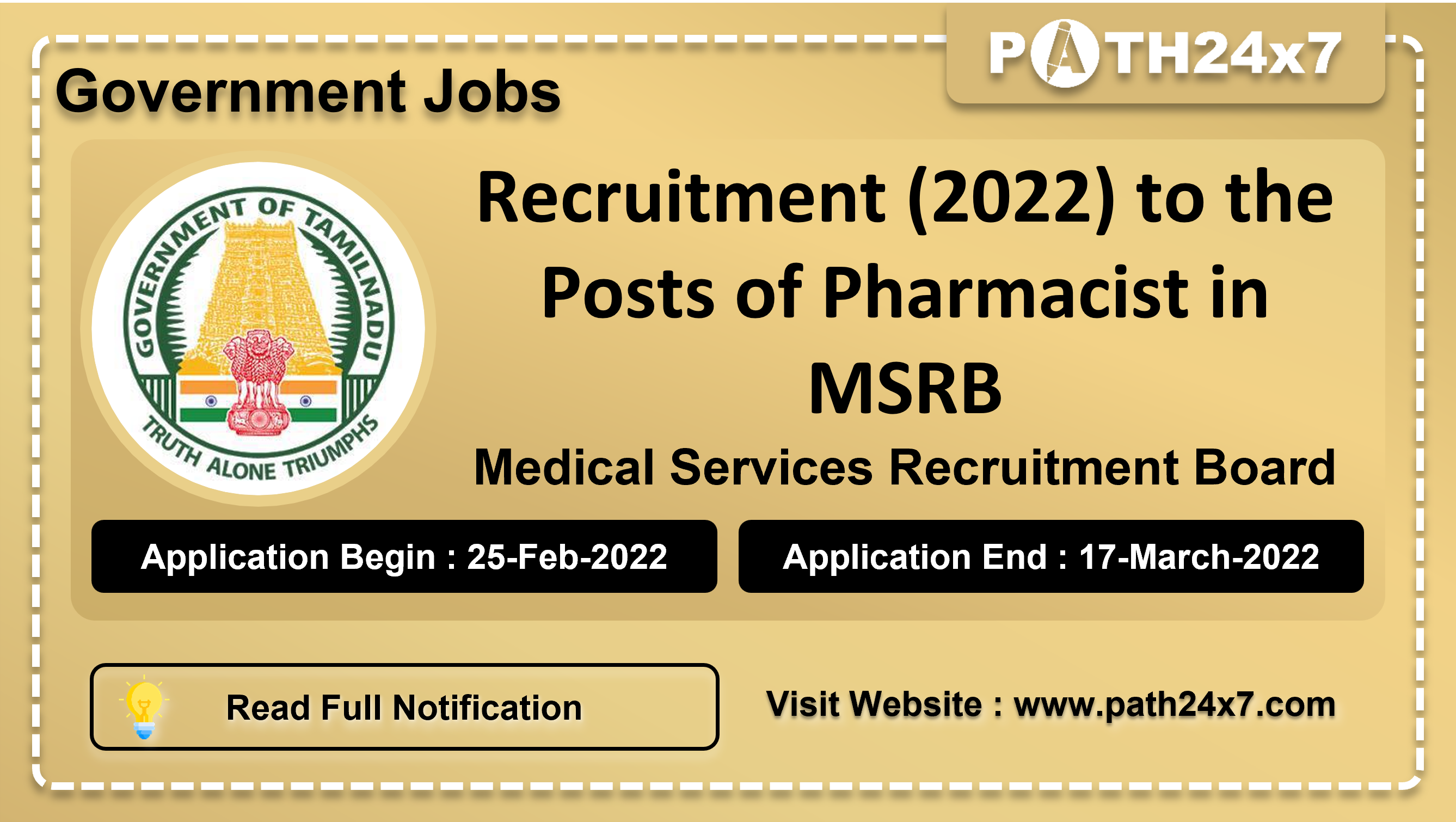 Recruitment (2022) to the Posts of Pharmacist in MSRB, No. of Vacancies - 84, Important Dates, Application Fees, Age Limit, Educational Criteria, Physical Criteria, Vacancy Details, How to Apply By Online | Medical Services Recruitment Board